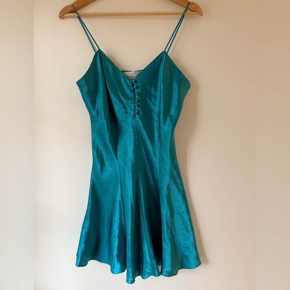 Vintage Claudine Bueché teal satin dress size medium 8 10